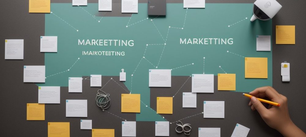 Imagem ilustrando estratégias de marketing digital, com pessoas trabalhando em um ambiente colaborativo, com foco em marketing e comunicação.