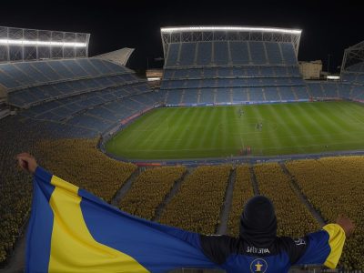 Imagem de marketing esportivo mostrando a conexão entre marcas, atletas e torcedores em um evento esportivo vibrante.