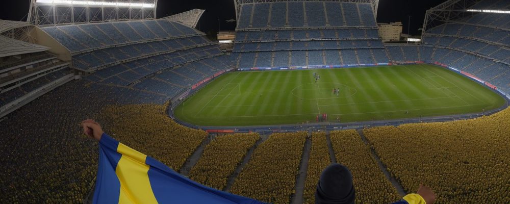 Imagem de marketing esportivo mostrando a conexão entre marcas, atletas e torcedores em um evento esportivo vibrante.