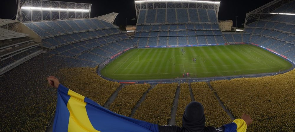 Imagem de marketing esportivo mostrando a conexão entre marcas, atletas e torcedores em um evento esportivo vibrante.