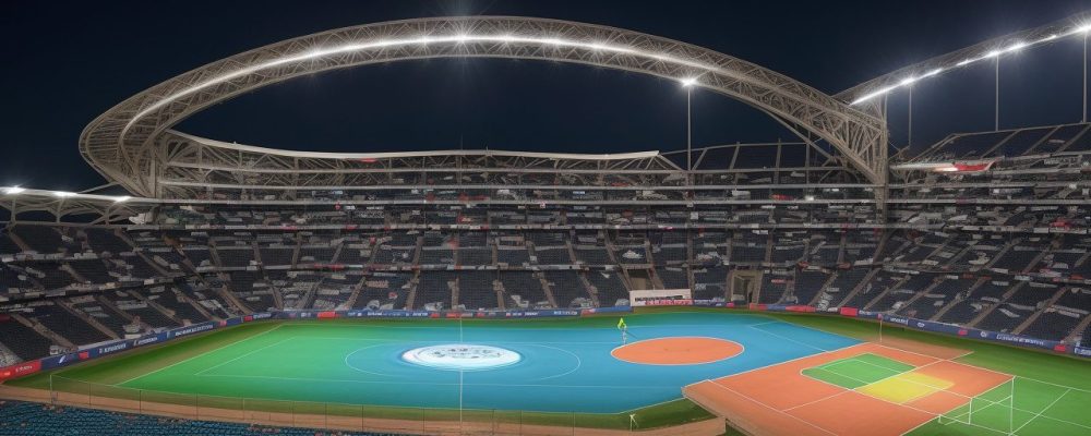 Imagem ilustrando estratégias de marketing esportivo, mostrando eventos, atletas e engajamento do público.