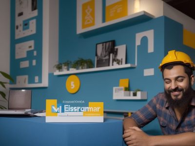 Uma pessoa sorrindo confiante em um ambiente profissional, com elementos visuais representando o marketing pessoal e a construção da imagem