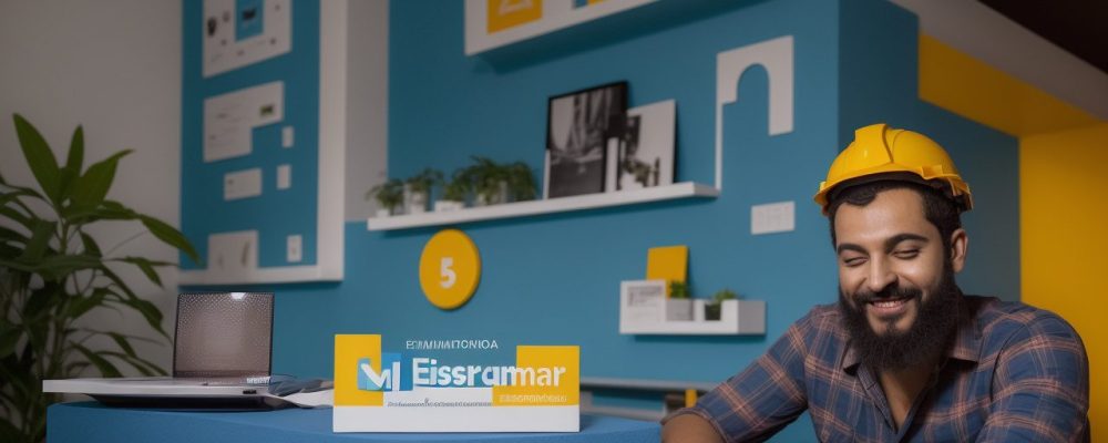 Uma pessoa sorrindo confiante em um ambiente profissional, com elementos visuais representando o marketing pessoal e a construção da imagem