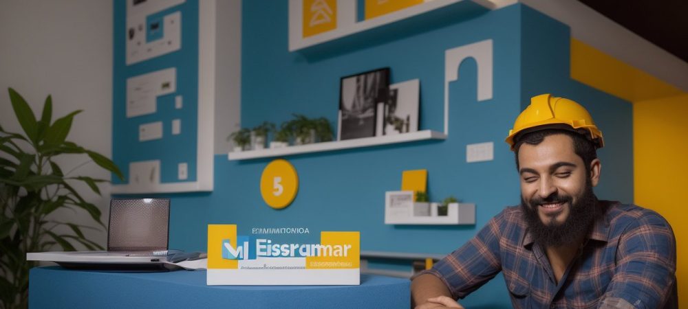 Uma pessoa sorrindo confiante em um ambiente profissional, com elementos visuais representando o marketing pessoal e a construção da imagem