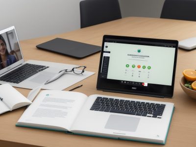 Ilustração de um profissional estudando em um curso online de marketing e comunicação, com elementos visuais representando sucesso e crescimento na carreira.