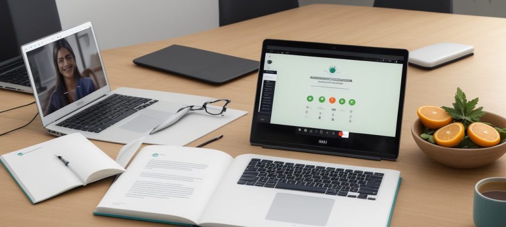 Ilustração de um profissional estudando em um curso online de marketing e comunicação, com elementos visuais representando sucesso e crescimento na carreira.