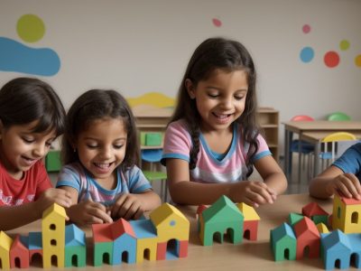 Crianças envolvidas em atividades lúdicas com números e formas geométricas, aprendendo matemática na educação infantil de forma divertida e interativa.