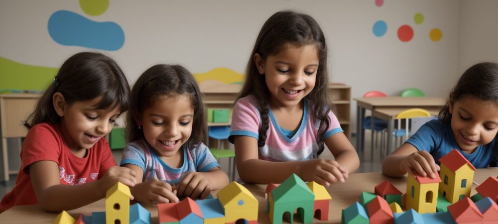 Crianças envolvidas em atividades lúdicas com números e formas geométricas, aprendendo matemática na educação infantil de forma divertida e interativa.