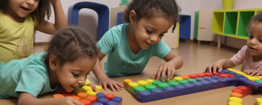 Crianças envolvidas em atividades lúdicas de matemática na educação infantil, aprendendo de forma divertida e interativa.