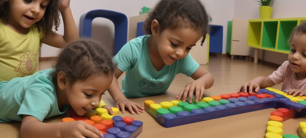 Crianças envolvidas em atividades lúdicas de matemática na educação infantil, aprendendo de forma divertida e interativa.
