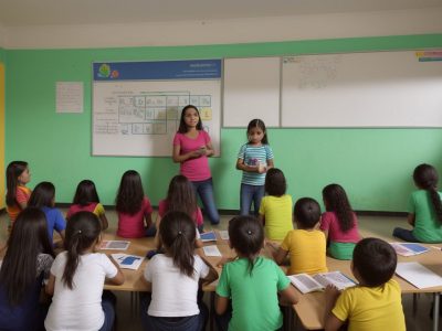 Crianças aprendendo matemática online em uma sala de aula moderna e interativa, com foco em jogos e desafios.