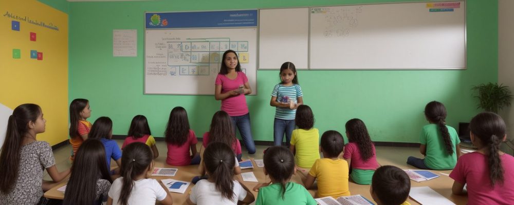 Crianças aprendendo matemática online em uma sala de aula moderna e interativa, com foco em jogos e desafios.