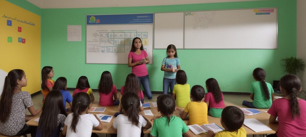 Crianças aprendendo matemática online em uma sala de aula moderna e interativa, com foco em jogos e desafios.