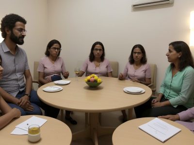 Ilustração de mediação familiar, com mediador e família em diálogo construtivo, focando em curso de mediação familiar