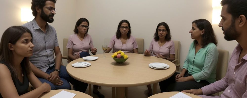 Ilustração de mediação familiar, com mediador e família em diálogo construtivo, focando em curso de mediação familiar