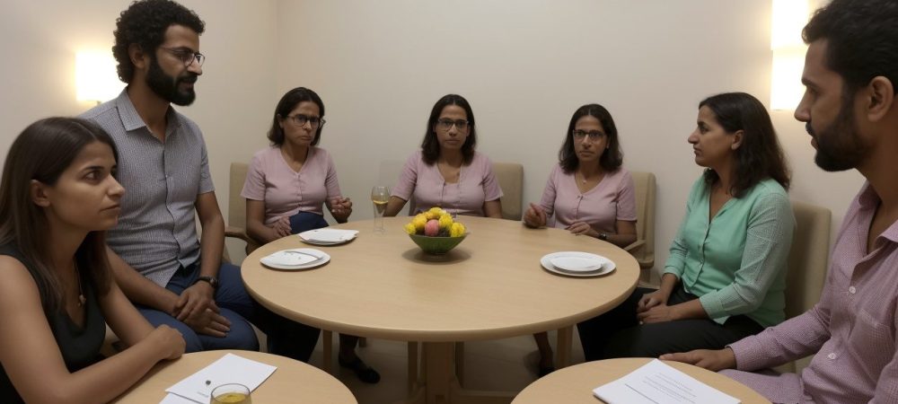 Ilustração de mediação familiar, com mediador e família em diálogo construtivo, focando em curso de mediação familiar