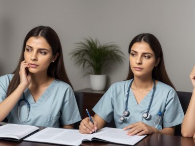 Profissional de medicina do trabalho analisando exames PCMSO em um ambiente de escritório, promovendo a saúde e segurança no trabalho.
