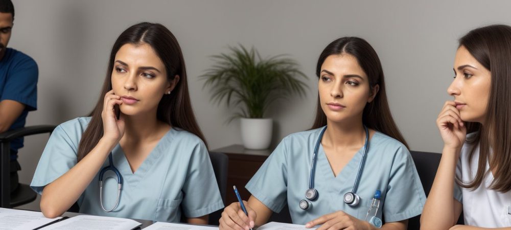 Profissional de medicina do trabalho analisando exames PCMSO em um ambiente de escritório, promovendo a saúde e segurança no trabalho.