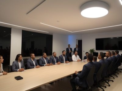 Reunião de diretores escolares com mentoria, discutindo estratégias e desenvolvimento profissional em um ambiente colaborativo.