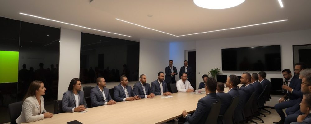 Reunião de diretores escolares com mentoria, discutindo estratégias e desenvolvimento profissional em um ambiente colaborativo.