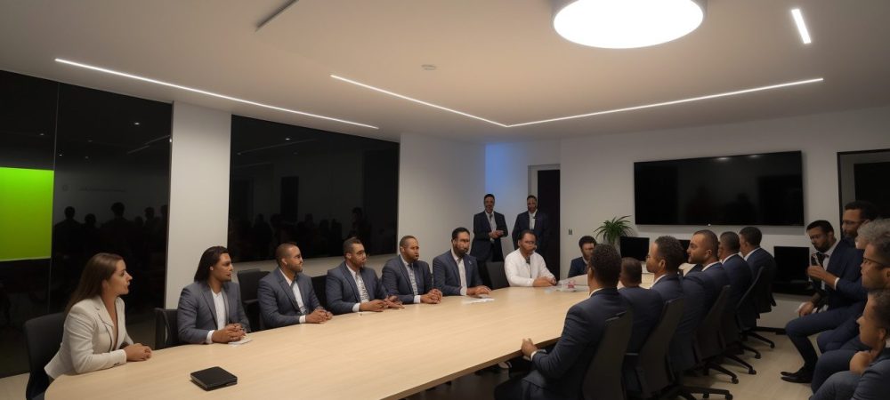 Reunião de diretores escolares com mentoria, discutindo estratégias e desenvolvimento profissional em um ambiente colaborativo.