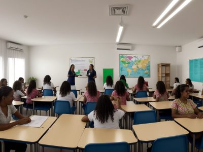 Imagem mostrando mentoria escolar, com diretores escolares engajados, simbolizando transformação e crescimento.