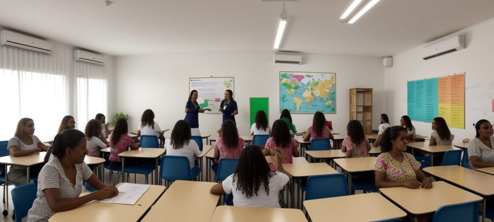 Imagem mostrando mentoria escolar, com diretores escolares engajados, simbolizando transformação e crescimento.