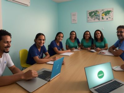 Diretores e professores em um programa de mentoria escolar, com foco em desenvolvimento de liderança e gestão eficaz.