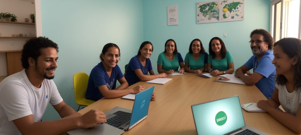 Diretores e professores em um programa de mentoria escolar, com foco em desenvolvimento de liderança e gestão eficaz.