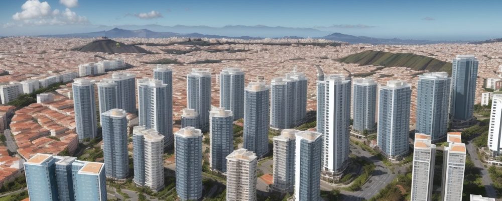 Representação visual do mercado imobiliário, mostrando transações, contratos e oportunidades para corretores e investidores.