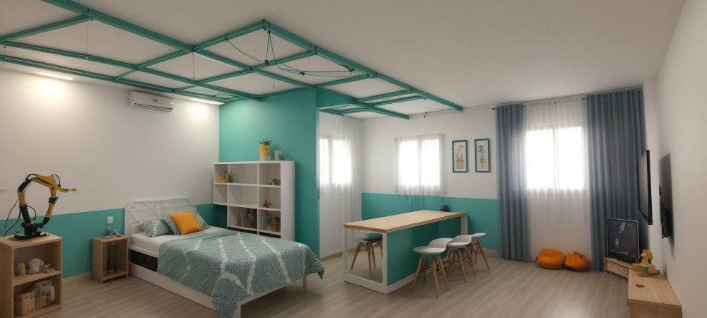 Alunos trabalhando em projetos STEM em uma sala de aula moderna, focando em ciência, tecnologia, engenharia e matemática.