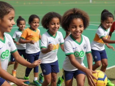 Crianças praticando esportes em aula, aplicando a metodologia do ensino do esporte com didática e pedagogia.
