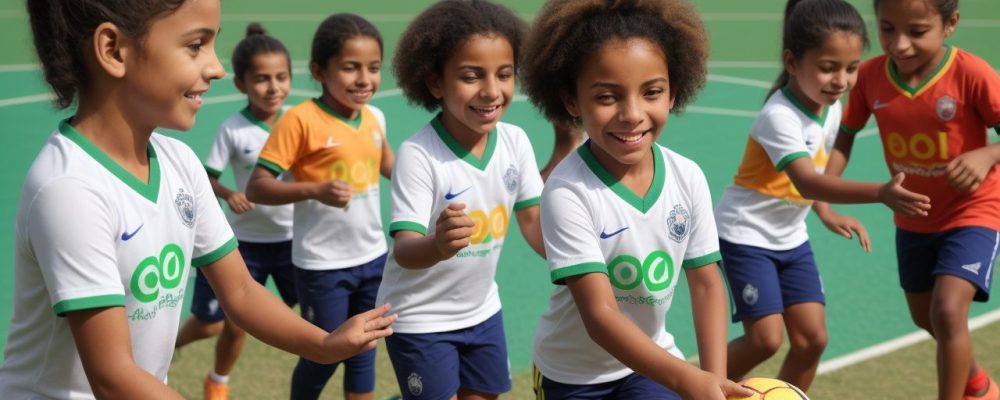 Crianças praticando esportes em aula, aplicando a metodologia do ensino do esporte com didática e pedagogia.