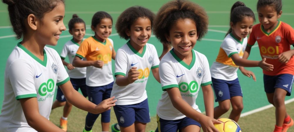 Crianças praticando esportes em aula, aplicando a metodologia do ensino do esporte com didática e pedagogia.