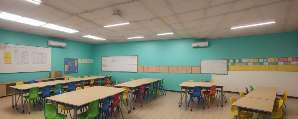 Alunos engajados em sala de aula, utilizando metodologias ativas para aprendizado colaborativo e dinâmico, com foco em exemplos de metodologias de ensino.