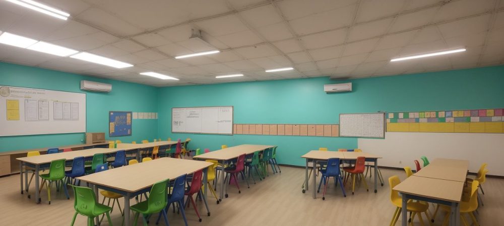 Alunos engajados em sala de aula, utilizando metodologias ativas para aprendizado colaborativo e dinâmico, com foco em exemplos de metodologias de ensino.