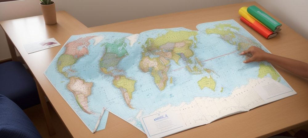 Metodologias Ativas: Transformando o Ensino de Geografia com Mapas Mentais Professor e alunos explorando mapas mentais em sala de aula, representando metodologias ativas no ensino de geografia