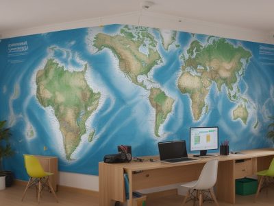 Professor e alunos explorando mapas mentais e recursos didáticos para um ensino de geografia engajador e dinâmico em sala de aula.