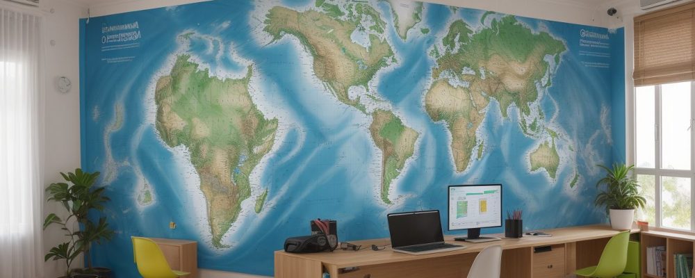 Professor e alunos explorando mapas mentais e recursos didáticos para um ensino de geografia engajador e dinâmico em sala de aula.