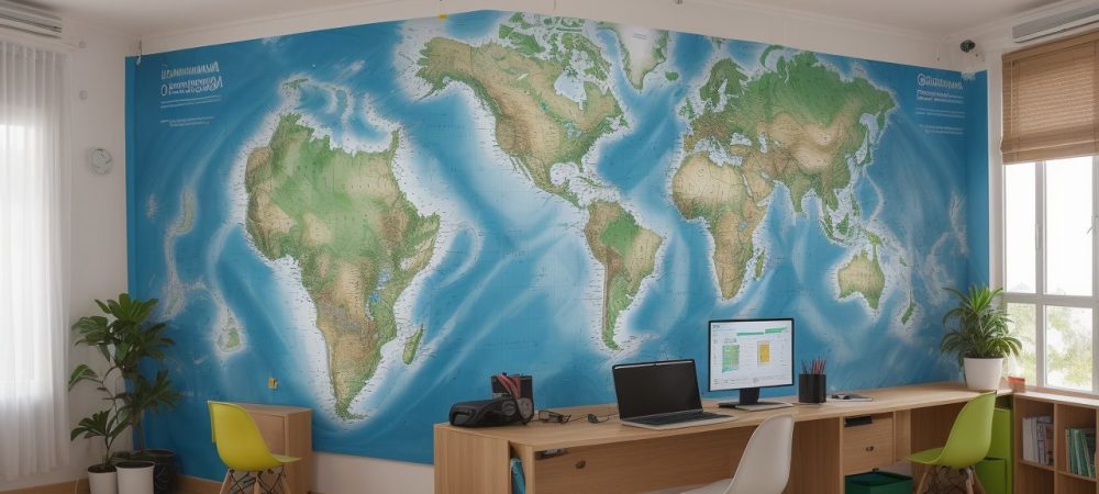 Professor e alunos explorando mapas mentais e recursos didáticos para um ensino de geografia engajador e dinâmico em sala de aula.