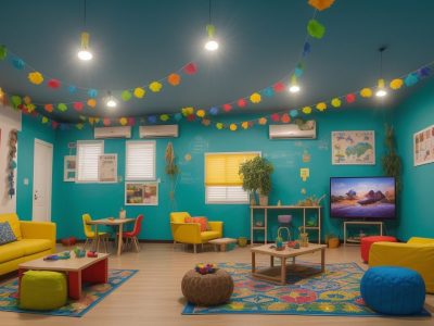 Ambiente de aprendizado lúdico com crianças engajadas em atividades interativas e criativas