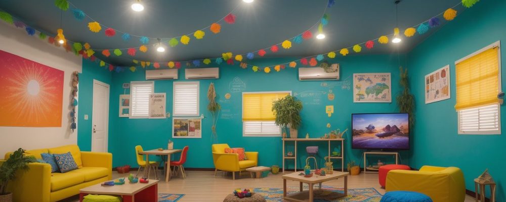 Ambiente de aprendizado lúdico com crianças engajadas em atividades interativas e criativas