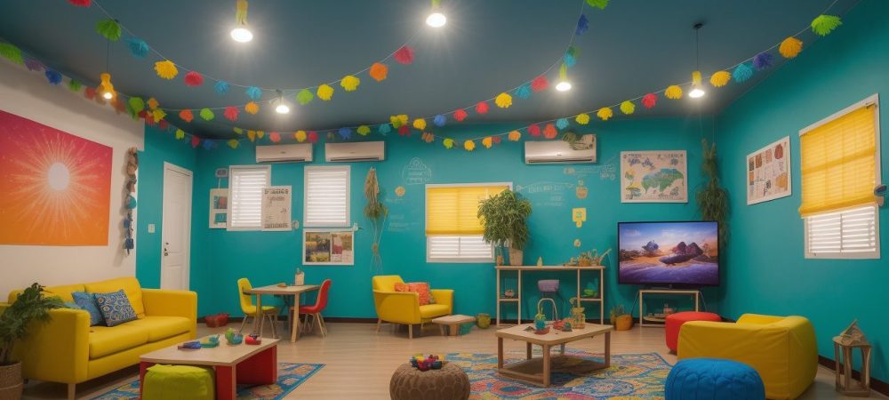 Ambiente de aprendizado lúdico com crianças engajadas em atividades interativas e criativas