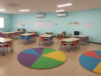 Professor e alunos em sala de aula utilizando metodologias de ensino inclusivas, com foco em projetos e interação.