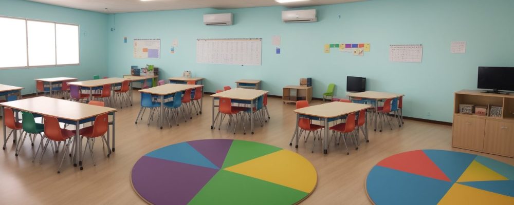 Professor e alunos em sala de aula utilizando metodologias de ensino inclusivas, com foco em projetos e interação.