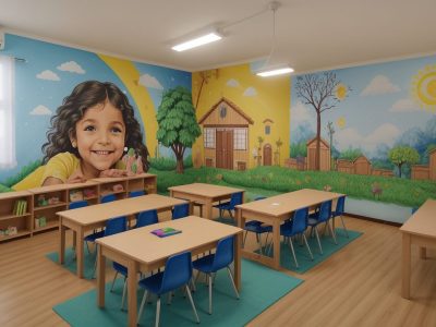 Crianças participando de atividades lúdicas e jogos educativos em sala de aula, representando metodologias de ensino na educação infantil