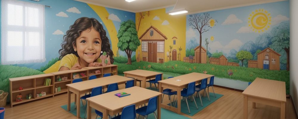 Crianças participando de atividades lúdicas e jogos educativos em sala de aula, representando metodologias de ensino na educação infantil