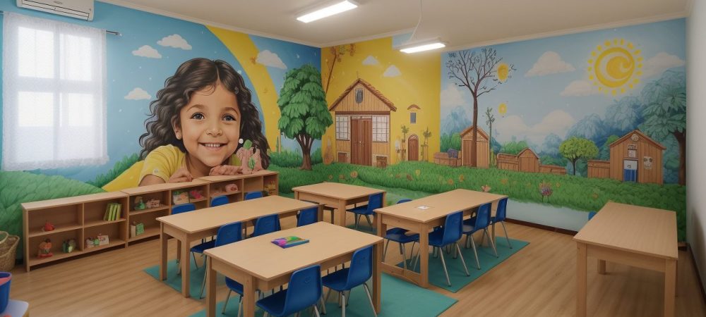 Crianças participando de atividades lúdicas e jogos educativos em sala de aula, representando metodologias de ensino na educação infantil