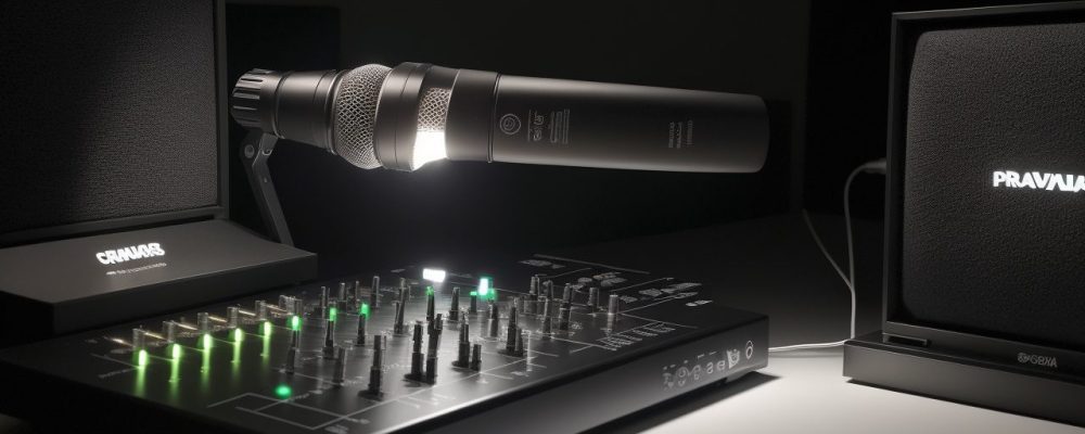 Um microfone profissional em primeiro plano, simbolizando o curso de locução e sonoplastia, com fundo desfocado de um estúdio de gravação, representando a oportunidade de carreira.