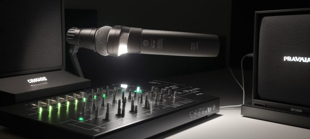 Um microfone profissional em primeiro plano, simbolizando o curso de locução e sonoplastia, com fundo desfocado de um estúdio de gravação, representando a oportunidade de carreira.